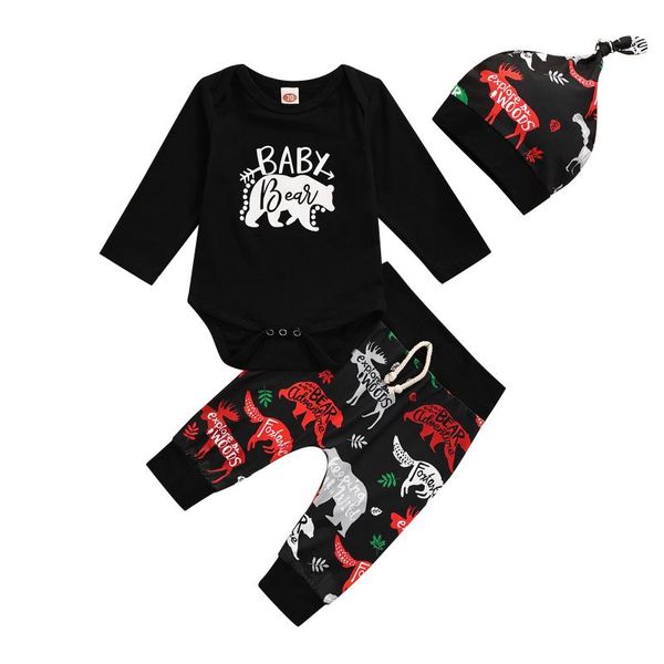 

clothing sets 3 pcs baby boys casual outfits, animal & letter print long sleeve round neck playsuit + color block trousers knotted cap, White