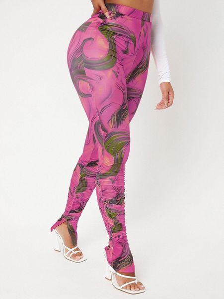 

sxy split hem ruched graphic print leggings 59hg#, Black