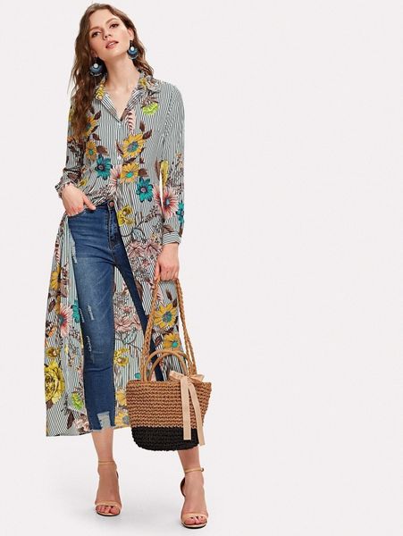 

vertical striped floral longline shirt x3ih#, White