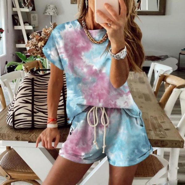 

women's tracksuits 2021 women suit summer tie dye short sleeve shirt and biker shorts casual two piece set streetwear outfits, Gray