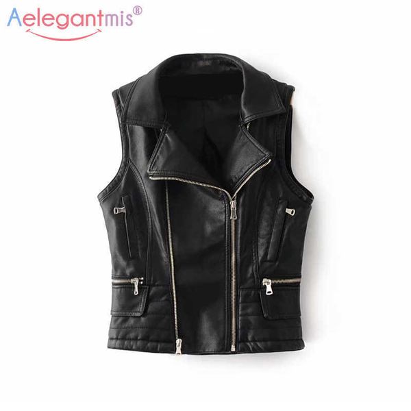 Aelegantmis Turn-down-Kragen Kunstleder Weste Frauen Mode Kurze Motorrad Weste Weibliche Casual Zipper Pu Westen 210607