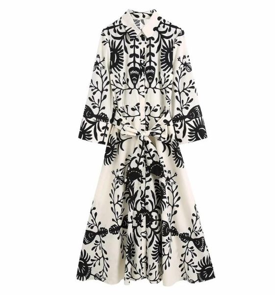 

casual dresses fashion printing poplin lapel seven points sleeve summer women's dress 2021 chic loose female clothing robe, Black;gray