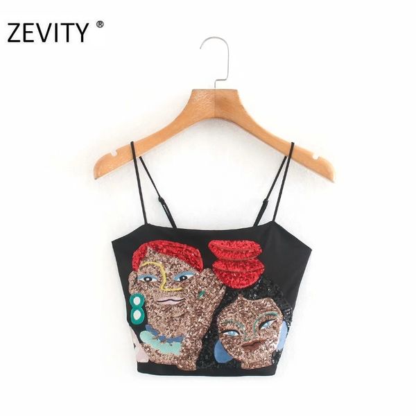 

zevity women vintage cartoon character sequins embroidery sling blouse female adjustable strap chic shirts black ls7142 210419, White