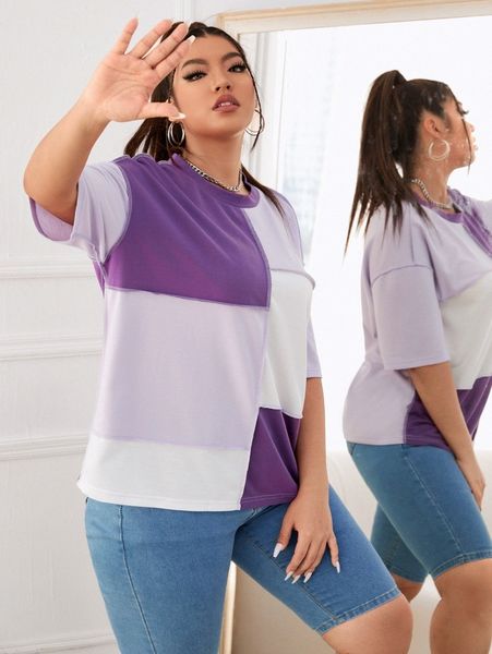 

plus colorblock stitching drop shoulder tee t9us#, Black