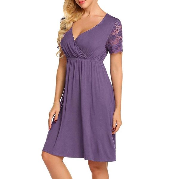 

maternity dresses women dress lace stitching solid v-neck breastfeeding care pajamas summer casual clothes, White