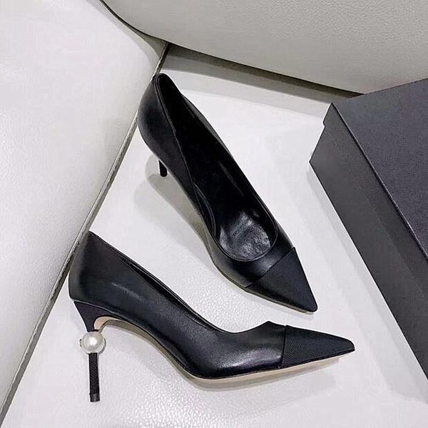 

dress shoes 2021 pointed toe high heel woman black leather thin heels designer pumps white pearls decorations party