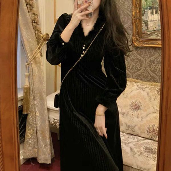 

casual dresses fur neck elegant vintage women long sleeve french office lady midi female spring fashionone piece korean masf, Black;gray