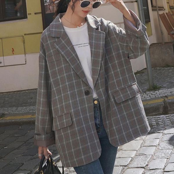 

[ewq] 2021 autumn ladies korean style loose blazer chic one button long sleeve notched plaid suit coat women qb983 women's suits & blaz, White;black