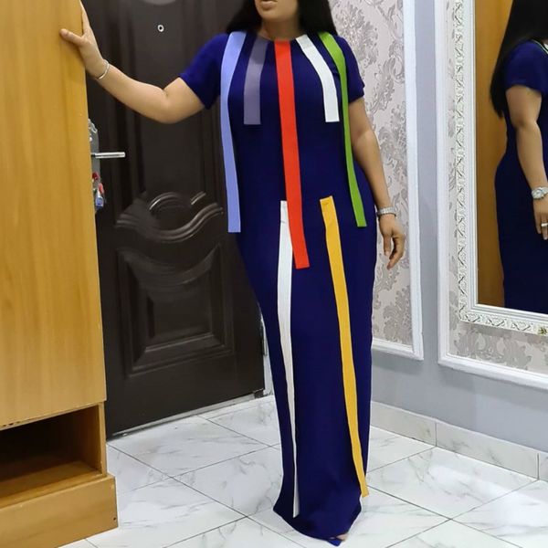 

women long dress with colorful ribbon short sleeves o neck plus size african female maxi robes casual fashion autumn summer 210416, Black;gray