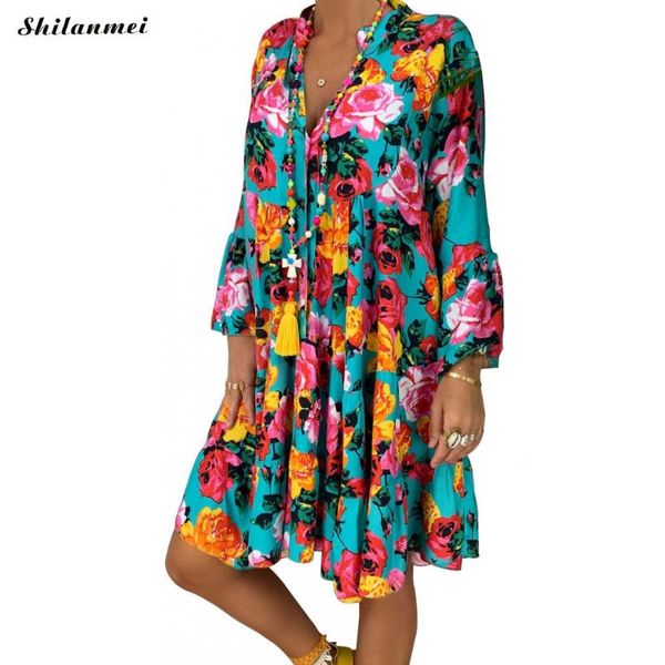 

casual dresses floral printing big size beach dress women 2021 autumn fashion party loose causal female v neck long sleeve boho sundress, Black;gray