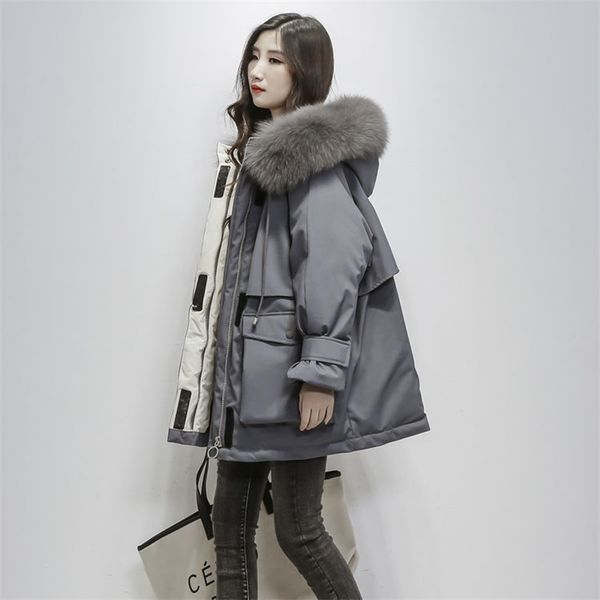

pai overcome women's middle and long korean 2020 new down cotton jacket loose thickened with large wool collar, Black