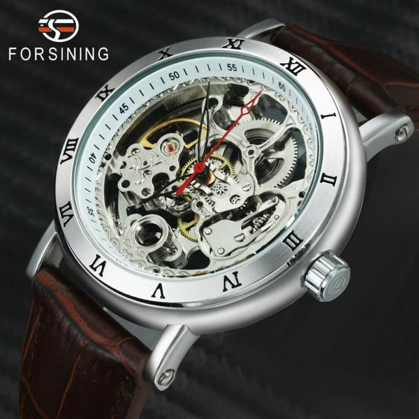 

mens watches skeleton auto mechanical watch men brown leather strap fashion casual wristwatch wristwatches, Slivery;brown