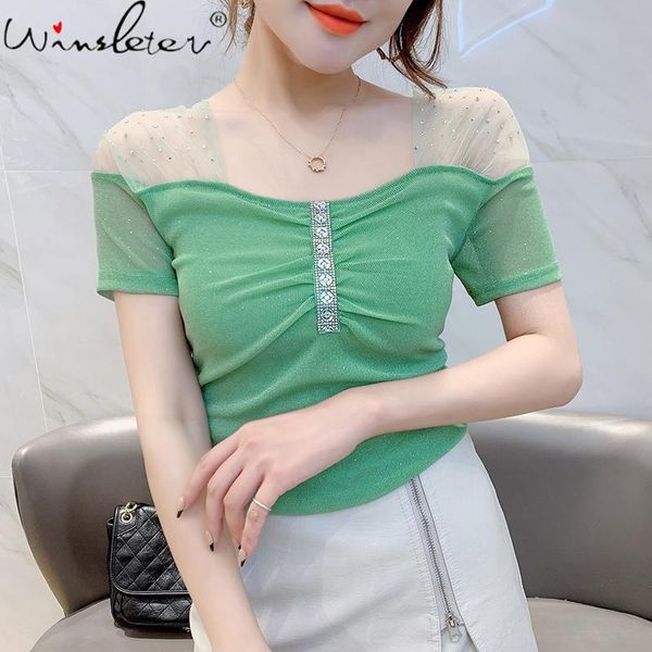 

women's t-shirt summer korean style girls fashion patchwork mesh shiny diamonds women short sleeve fold tees 2021 t12909a, White