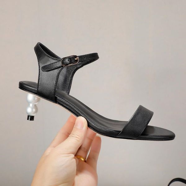 

spring and summer fashion women's pearl heel leather sandals high heel sandals women's shoes, Black