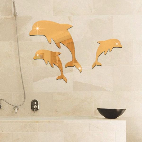 

3pc dolphin mirror stickers mural wall decor 3d sticker bathroom paper accessories room