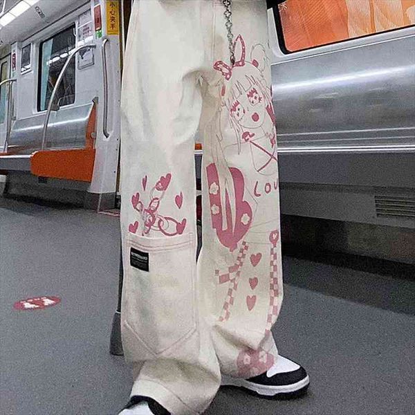 

japanese anime trousers print pattern loose straight leg clothes wide-leg pants women linen cotton millennial girl pink graffiti, Black;white