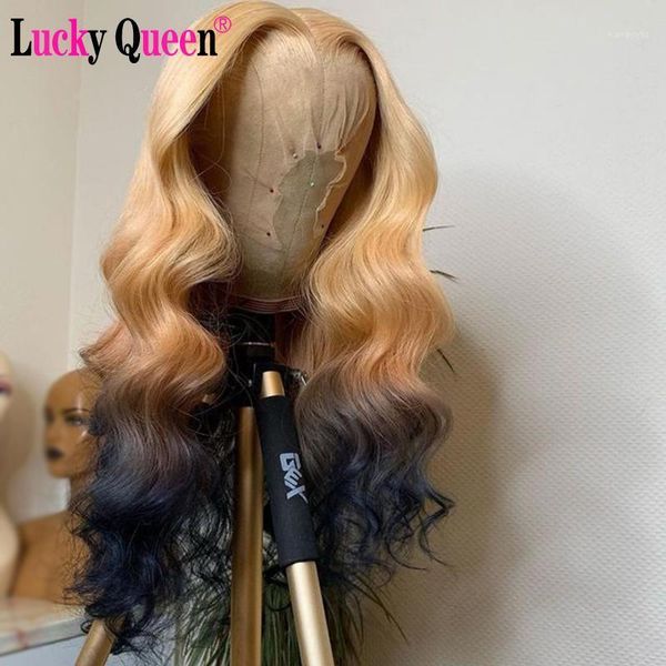 

blonde colorful body wave wigs lucky queen brazilian human hair transparent lace front virgin1, Black;brown