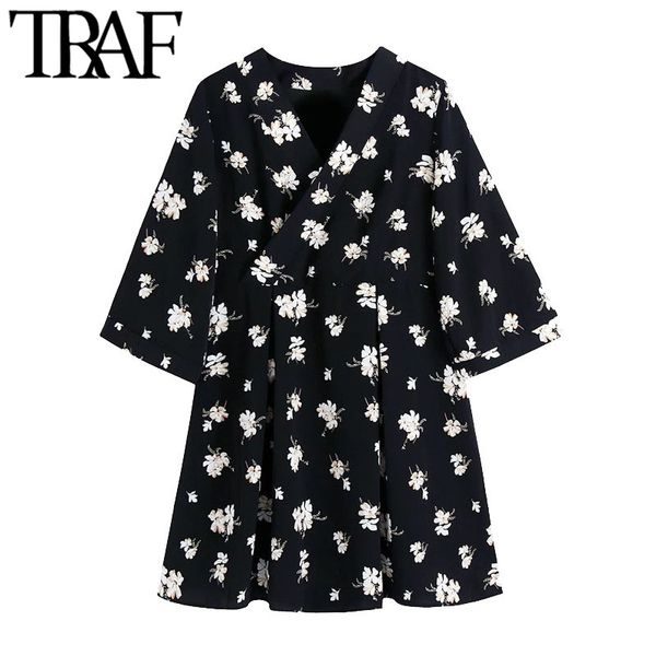 

traf women chic fashion floral print kimono mini dress vintage short sleeve with lining female dresses vestidos mujer 210415, Black;gray