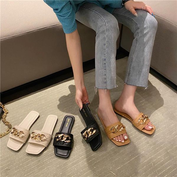 

summer fashion outer wear british style chain soft-soled slippers, Black