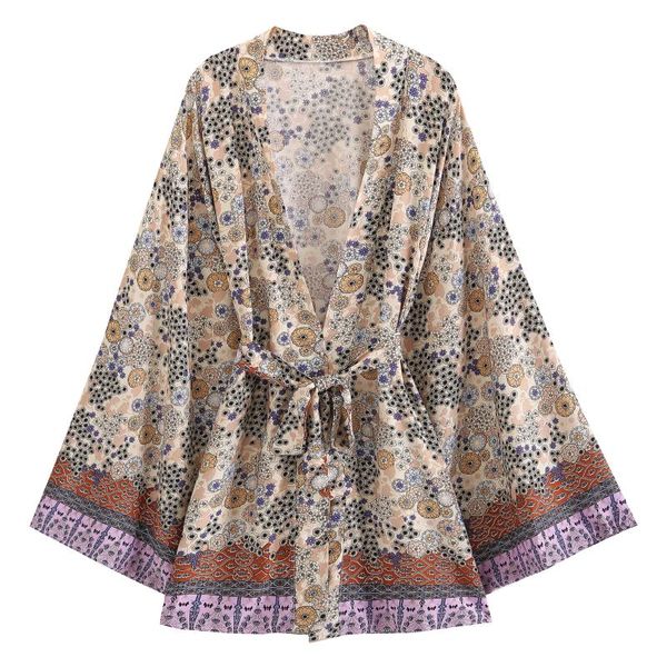 Swimwear das Mulheres Boho Vintage Loose Rayon Cover-Ups Bohemian Kimono Mulheres Casual Streetwear Cinto Curto Blusas