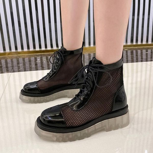 

boots retro genuine leather women summer lace up autumn thick heels pumps 2021 est party basic shoes woman, Black