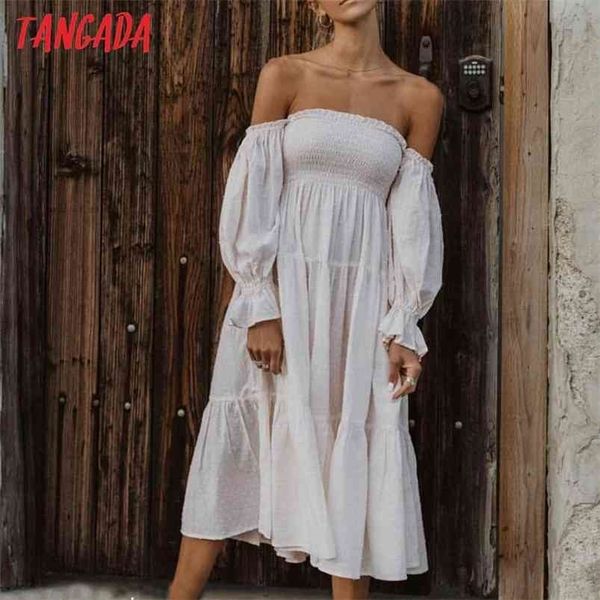 

tangada fashion women white dots decorate long dress off shoulder sleeve holiday ladies 8m8 210701, Black;gray