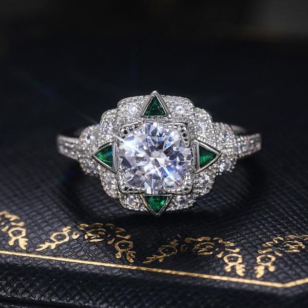 

wedding rings antique silver color ring vintage female white green zircon for women luxury bridal crystal square engagement, Slivery;golden