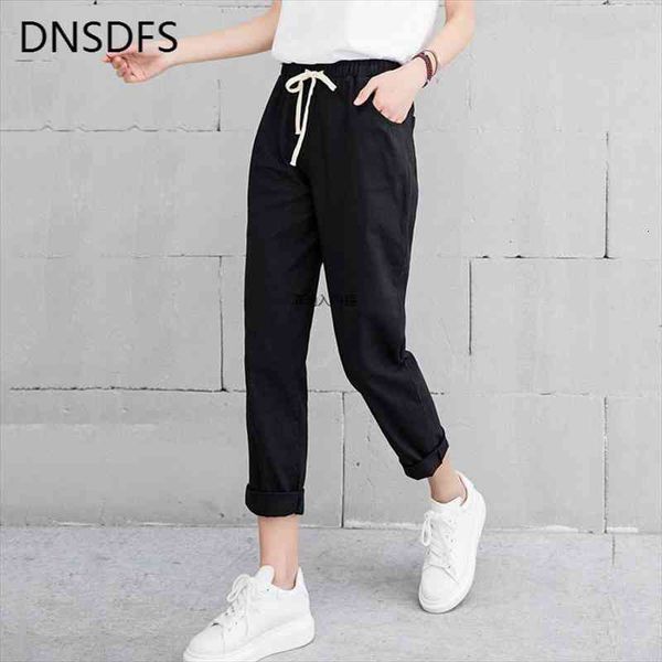 

women casual harajuku spring autumn big size long solid elastic waist cotton linen pants ankle length haren pants, Black;white