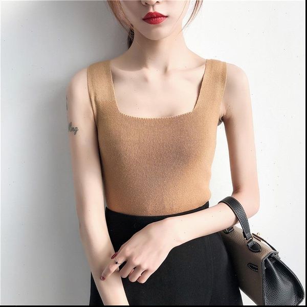 

women square collar tanks solid sleeveless pullover knitted tank top, White