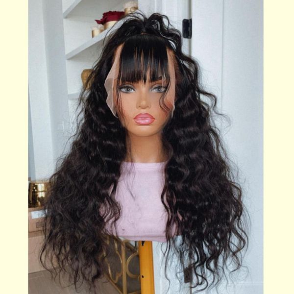 

lace wigs 360 front human hair fringe for black girls loose deep wave remy 13x6 with bangs, Black;brown