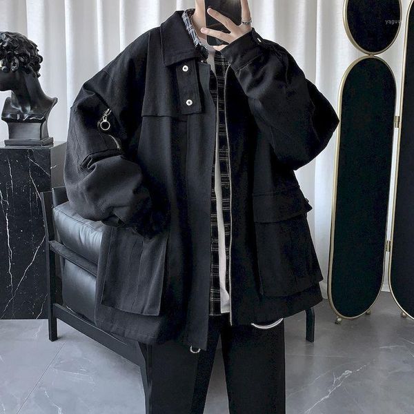

jacket male student korean loose casual trend multi-pocket all-match hong kong style coat men women retro cool men's jackets, Black;brown