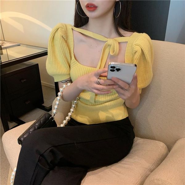 

korean summer women square collar short sleeve knitting t shirt solid color you71 women's t-shirt, White