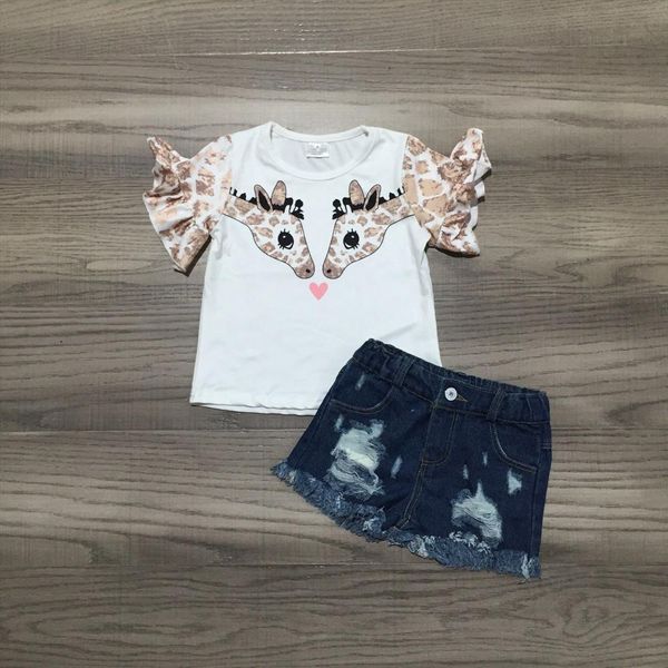 

summer baby girls giraffe print shirt denim shorts kids jeans set, White