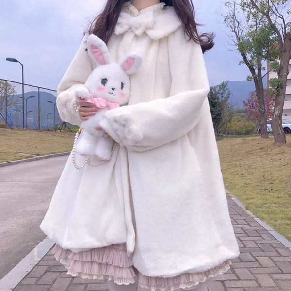 

women's wool & blends lolita japanese jacket female , winter kawaii rabbit fake hairy fluffy quilted soft sister beautiful overcoat zr2, Black