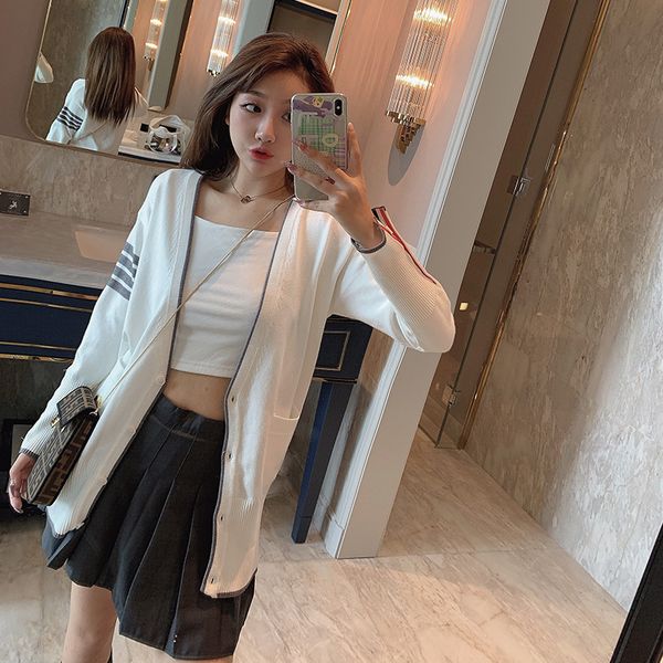 

men's and women's age reducing college style tb knitted cardigan female 2021 autumn four bar sweater jacket loose medium long top, White;black
