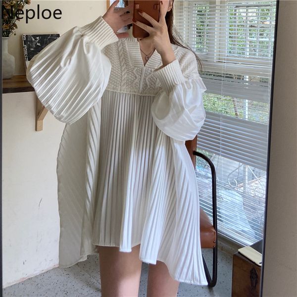 

neploe dresses for women v-neck loose short white chic vestidos lantern sleeve temperament pleated sweet robe dress female 4g874 210422, Black;gray