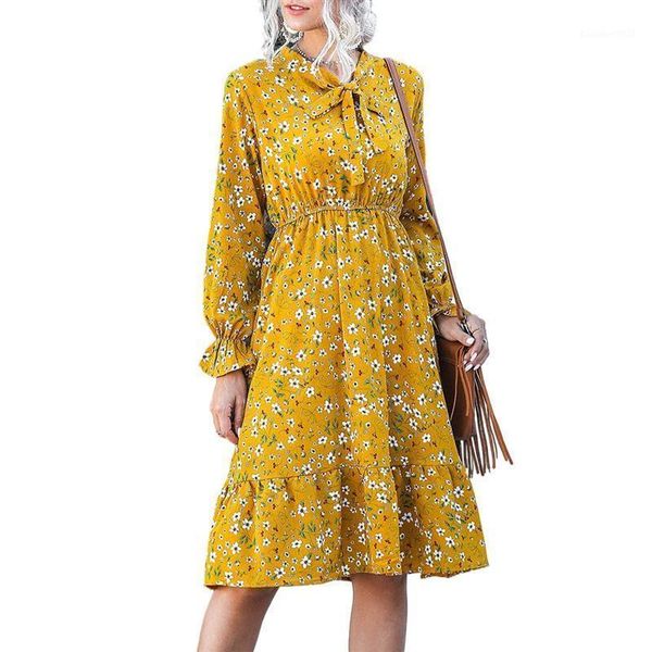 

casual dresses 2021 boho style floral print pleated dress women long sleeves bandage bow o-neck loose ladies for daily seaside, Black;gray