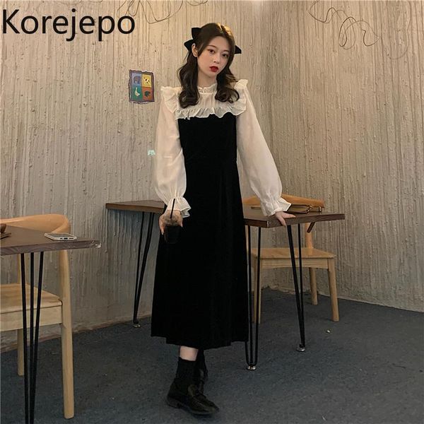 

casual dresses korejepo women dress 2021 spring autumn french gentle retro style stitching flare sleeve mid-length long female, Black;gray