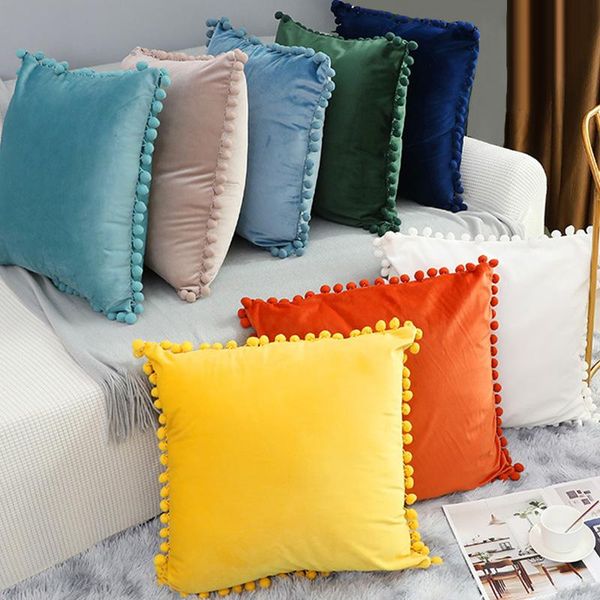 

pillow case square 45*45cm soft velvet cushion cover with pompom ball white yellow blue bedroom sofa decoration cases
