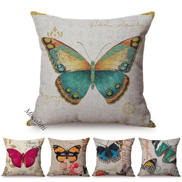 

cushion/decorative pillow beautiful butterfly vintage postcard style pillows case bohemian home decoration sofa square cushions cover linen