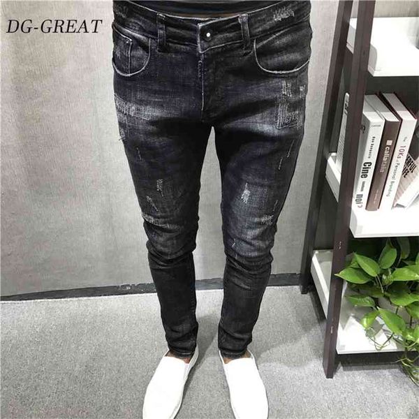 

men vintage streetwear hip hop ripped biker jeans destroyed frayed motorcycle joggers skinny denim pants fashion 210723, Blue