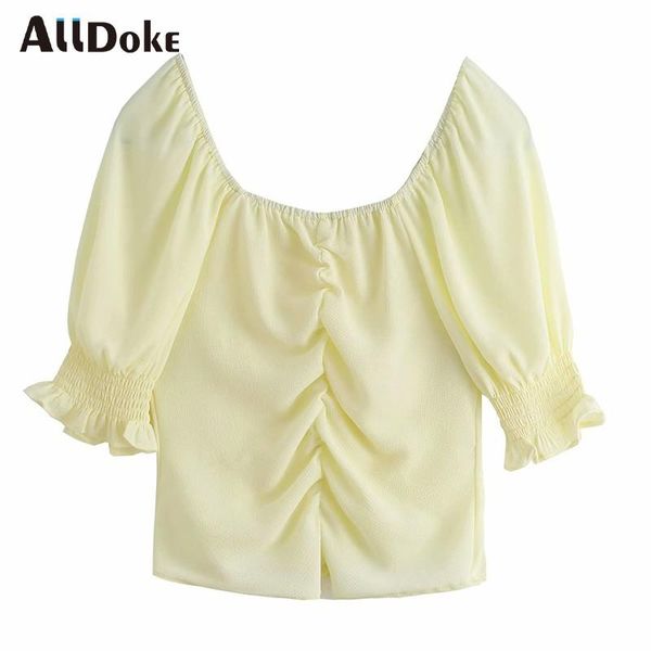

women's blouses & shirts alldoke yellow ruched casual blouse women summer square collar puff sleeve shirt femme vintage ladies office, White