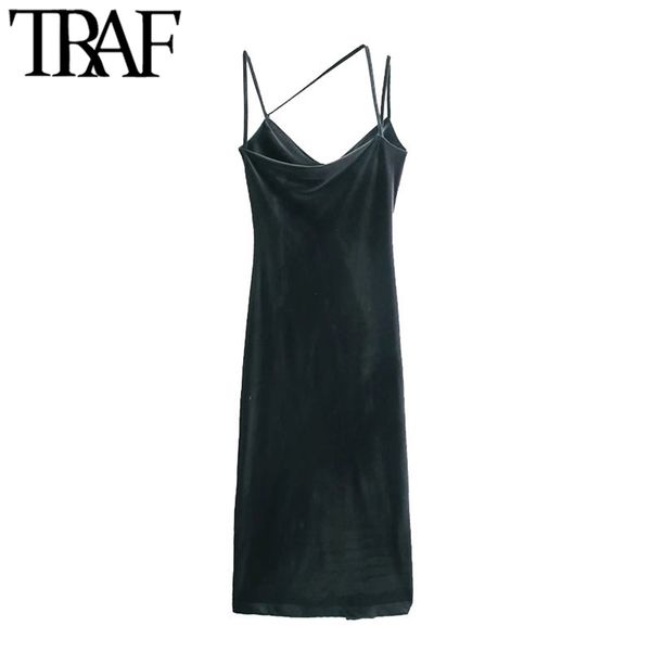 

women fashion with draped side slit velvet midi dress vintage back asymmetric thin straps female dresses mujer 210507, Black;gray