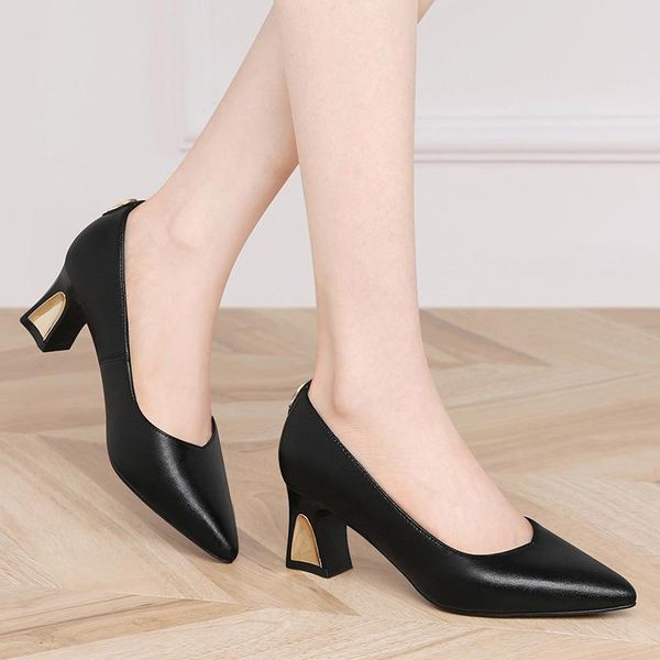 

dress shoes leather high heels in spring and summer, shoes, middle heel, low thick work, professional shoes., Black