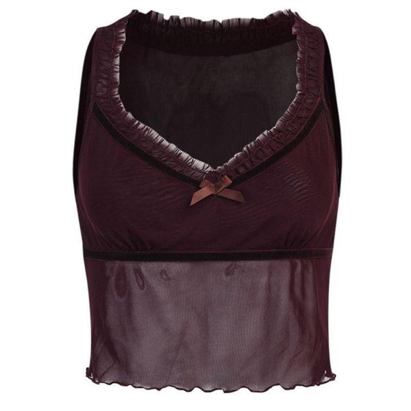 

sleeveless ruffles bowknot crop womens cami sheer mesh v neck slim vest f42f, White