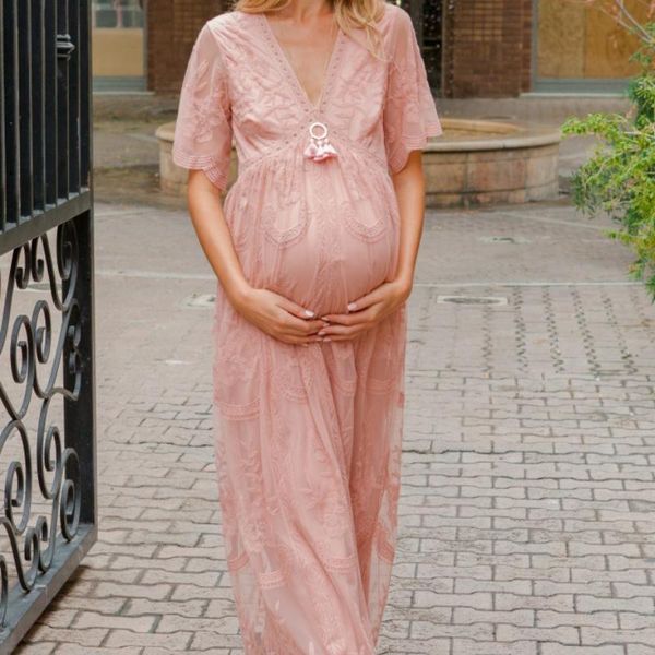 

pregnant women lace dresses pink white long dress v neck casual mopping maternity clothes vestidos de maternidad