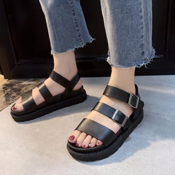 

sandals summer shoes woman flat platform women soft leather casual open toe gladiator wedges, Black