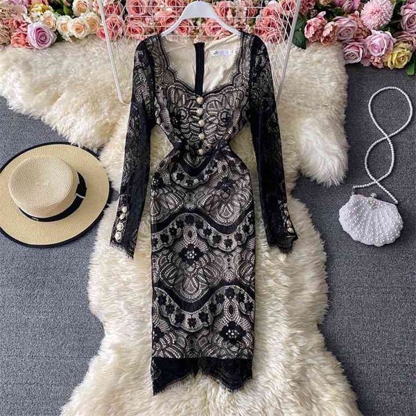 

autumn winter ol temperament dress low-cut v-neck mid-length waist bag hip lace uk546 210506, Black;gray