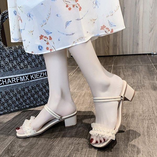 

sandals pearl square heels women green beige party dress ankle buckle summer elegant open toe thick heel, Black