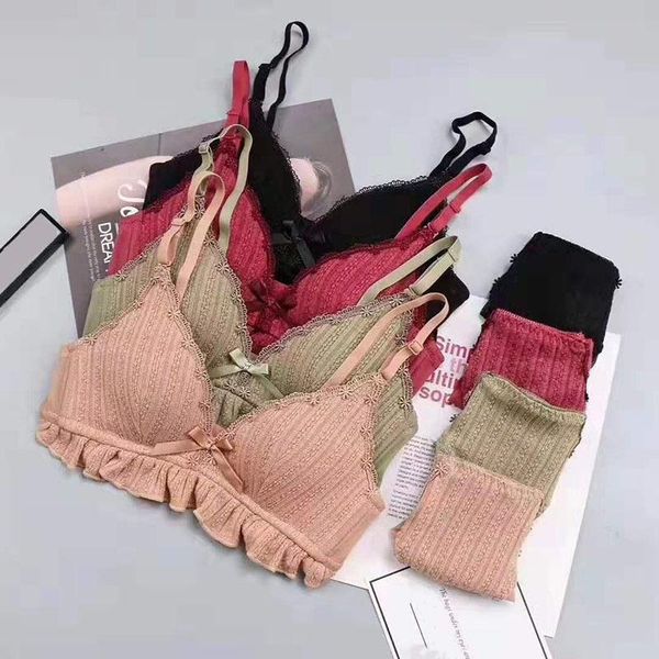 

bras sets push up triangle cup bra set for women wire tassel solid color thin comfortable bralette lingerie, Red;black